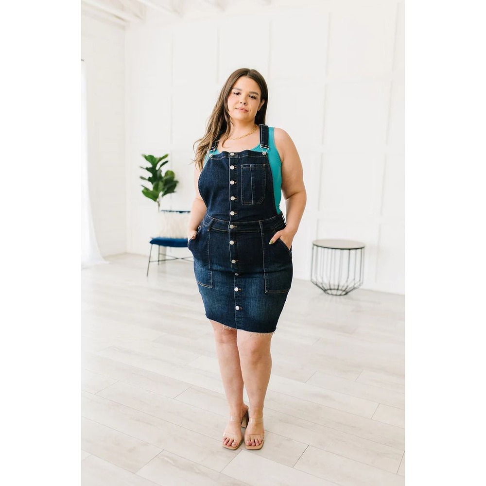 Judy Blue Women's Plus 3X Denim Overall Mini Dress Cotton Stretch Dark Wash‎ NWT
